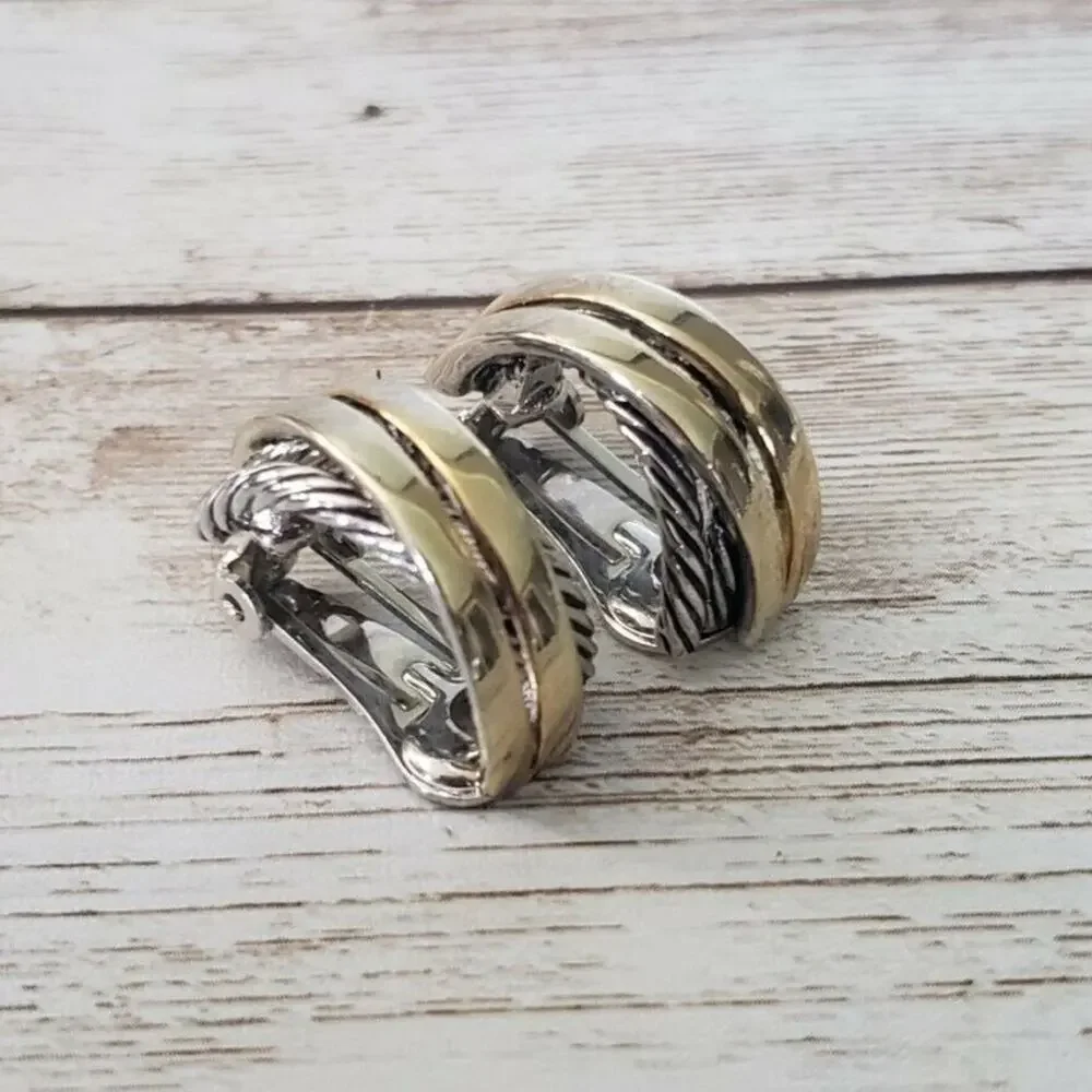Vintage Clip On Earrings - Half Hoop Gold Tone Kiss with Woven Silver Tone